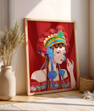 Traditional Asian art depicting stylized woman with ornate headdress