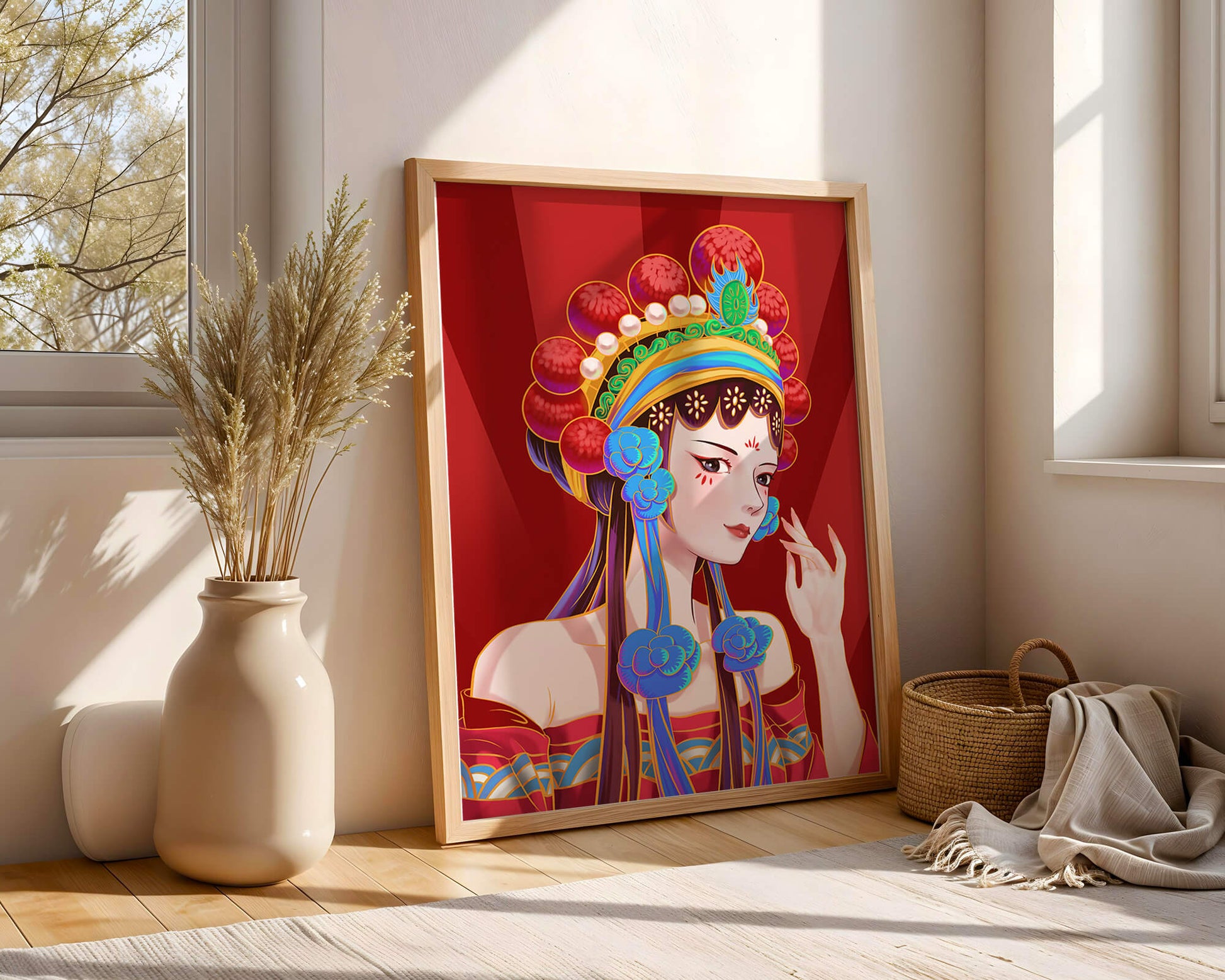 Traditional Asian art depicting stylized woman with ornate headdress
