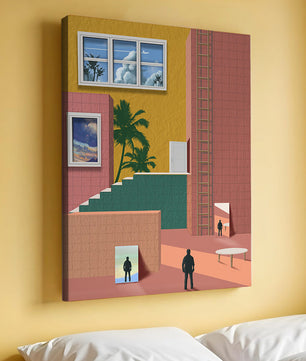 Surreale Architekturlandschaft mit tropischen Elementen und abstrakten Figuren