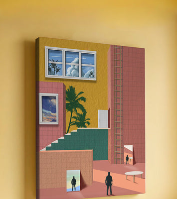 Surreal architectural landscape with tropical elements and abstract figures