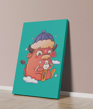 Winter cow cartoon with snowman on turquoise background