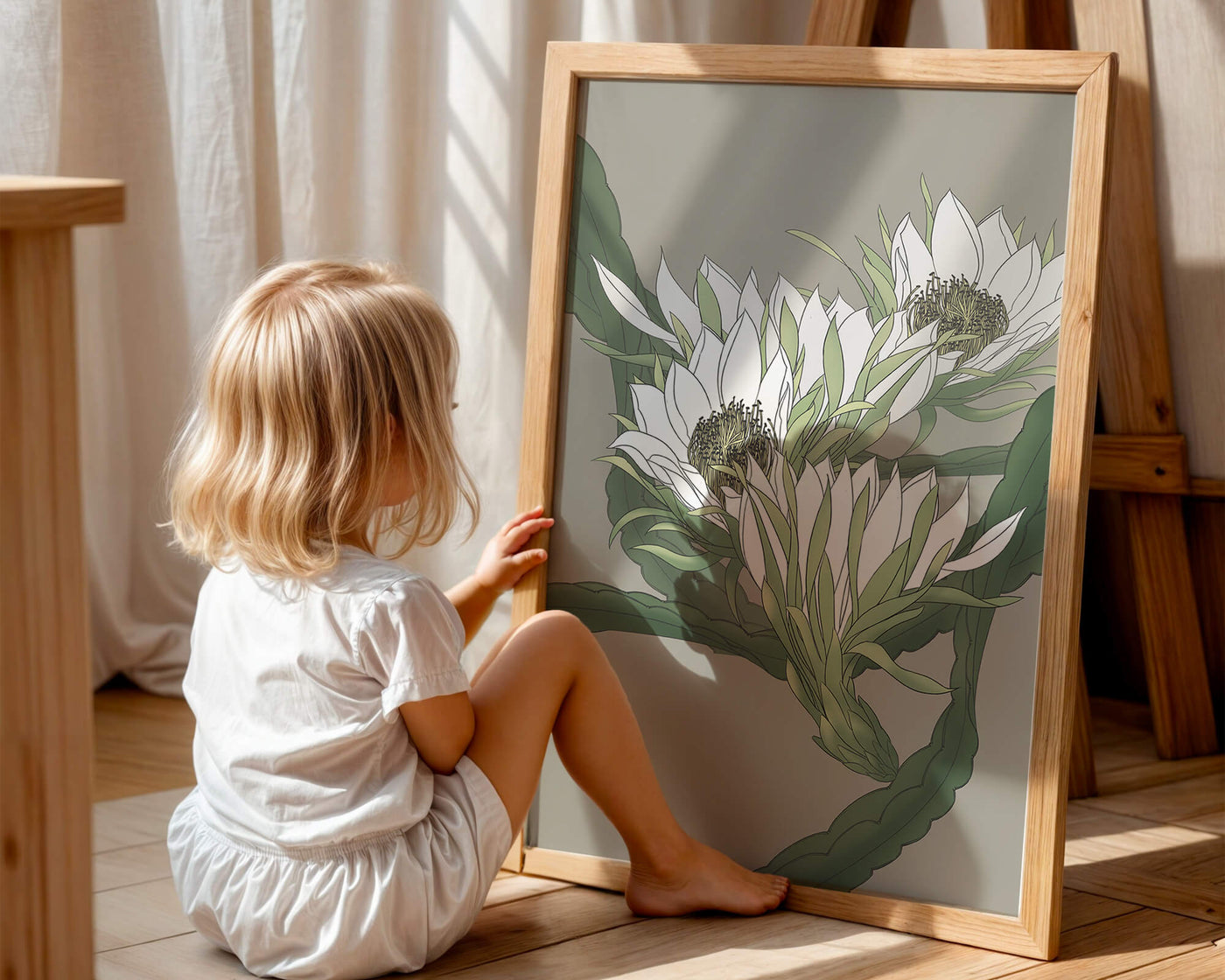 Beautiful botanical illustration of white blooming flowers with green leaves