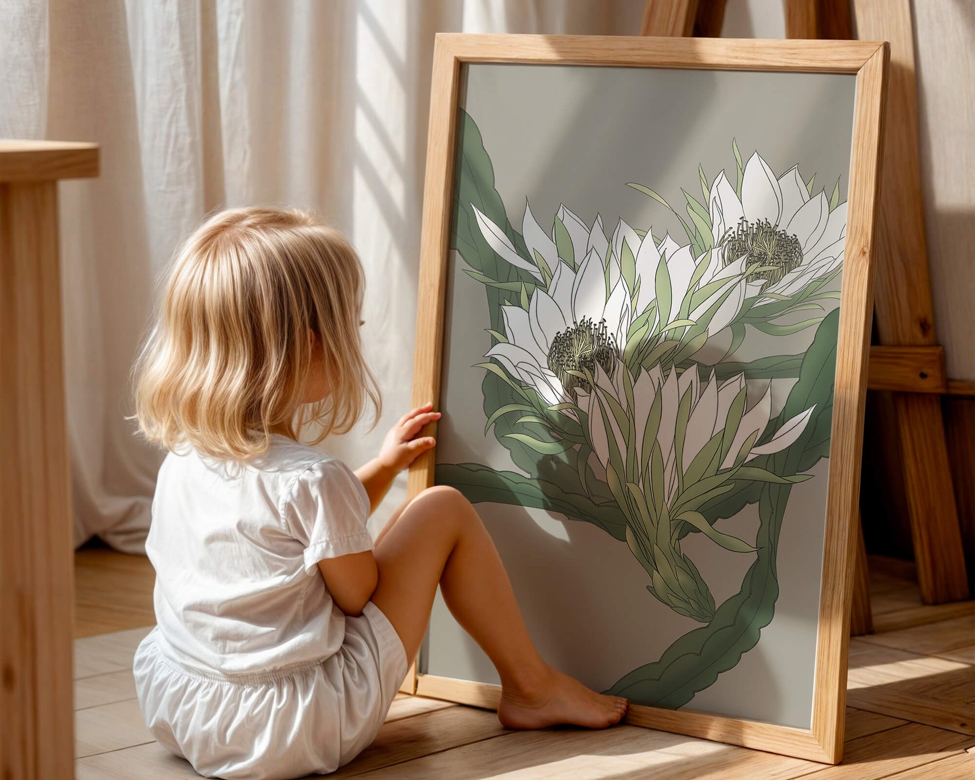 Beautiful botanical illustration of white blooming flowers with green leaves