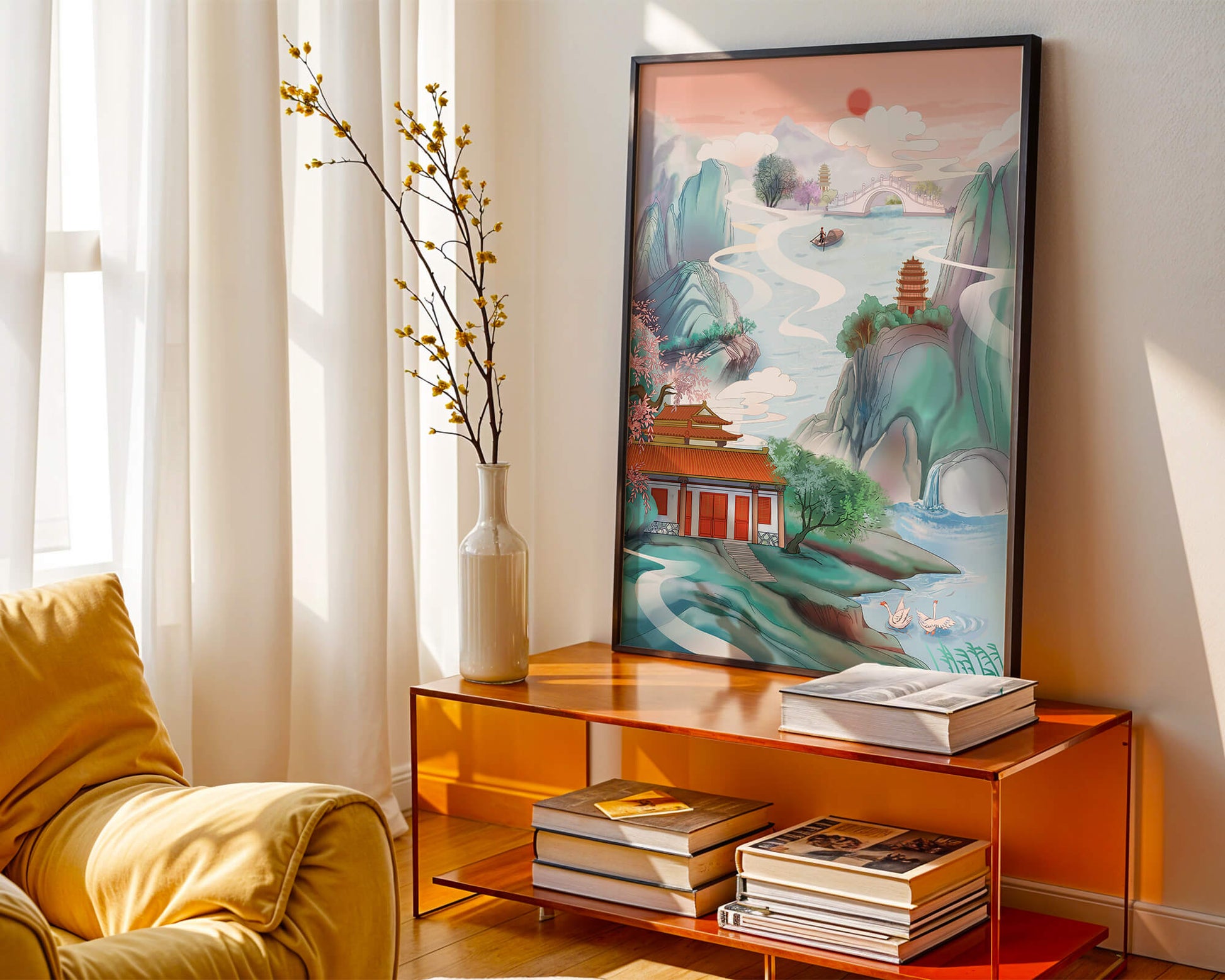 Serene landscape with traditional Asian architecture and nature elements