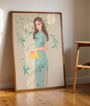 Elegant Woman in Traditional Dress Holding a Yellow Clutch with Bamboo Background