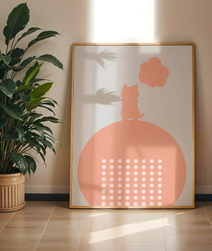 Katzensilhouette mit Ballon auf minimalistischem Kreishintergrund