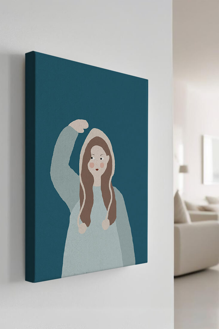 Illustrated girl with hoodie on teal background