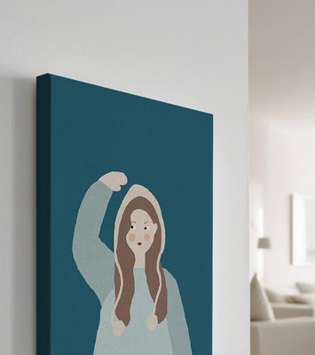 Illustrated girl with hoodie on teal background