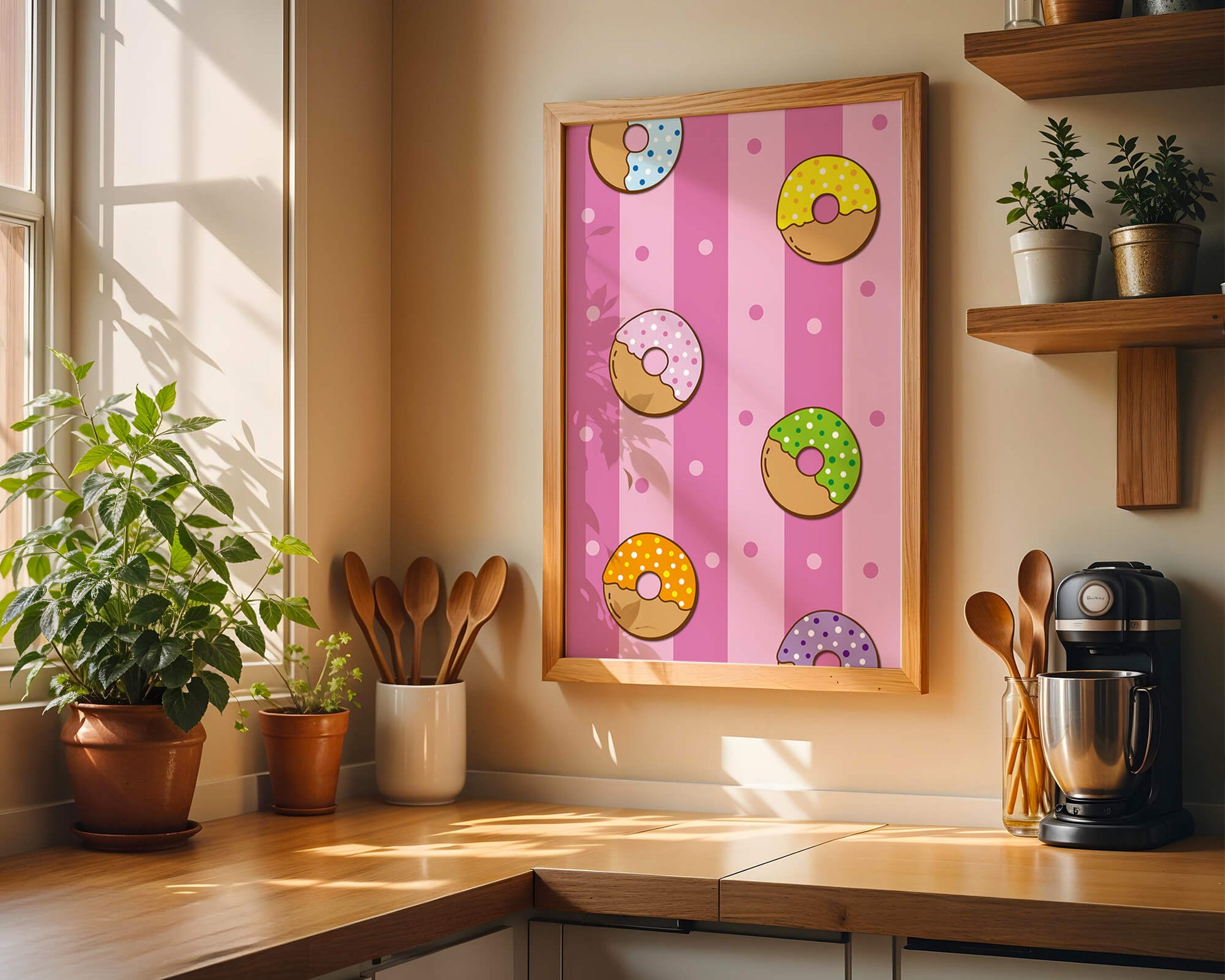 Colorful donut pattern on pink striped background