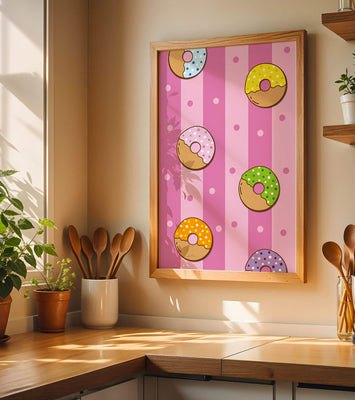 Colorful donut pattern on pink striped background