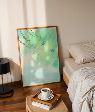Serene Spring Scene with Birds and Leaves on a Light Blue Background