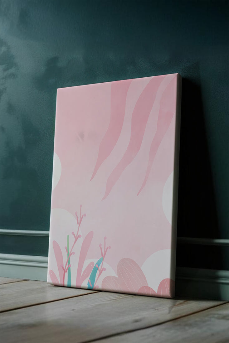 Soft Pink Abstract Floral Design with Stylized Leaves and Waves