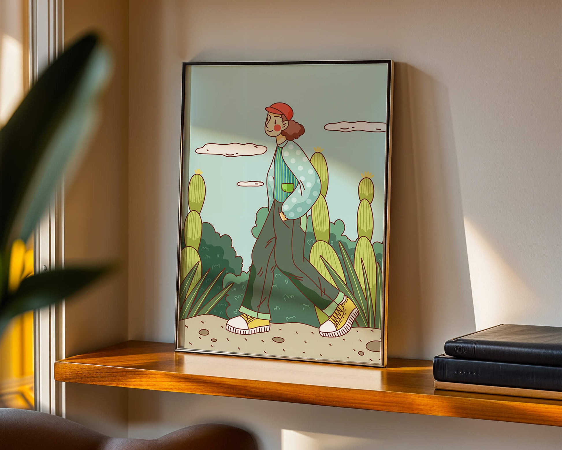 Person walking in desert landscape with cacti