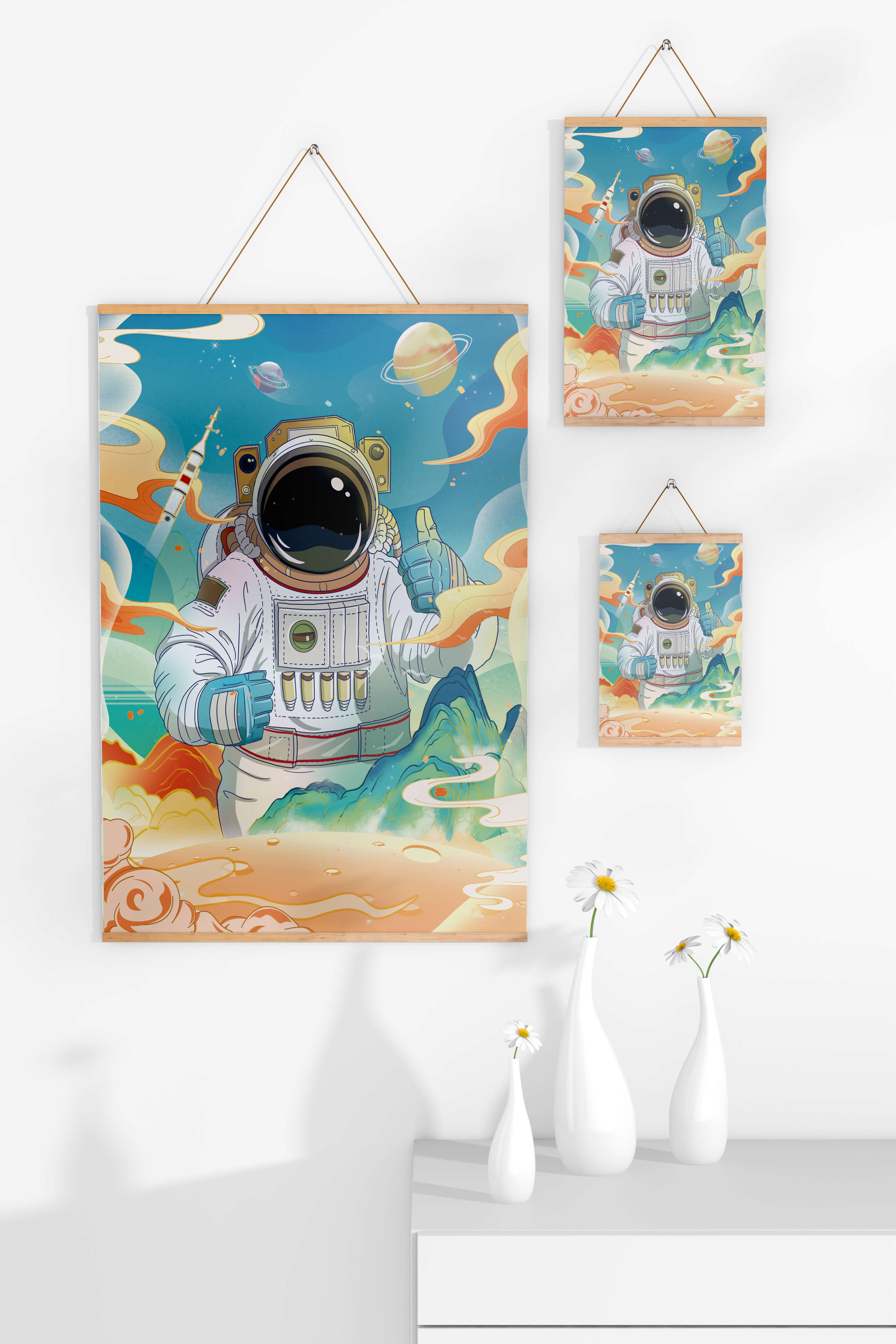 Colorful illustration of an astronaut in space with planets and rocket