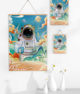Colorful illustration of an astronaut in space with planets and rocket
