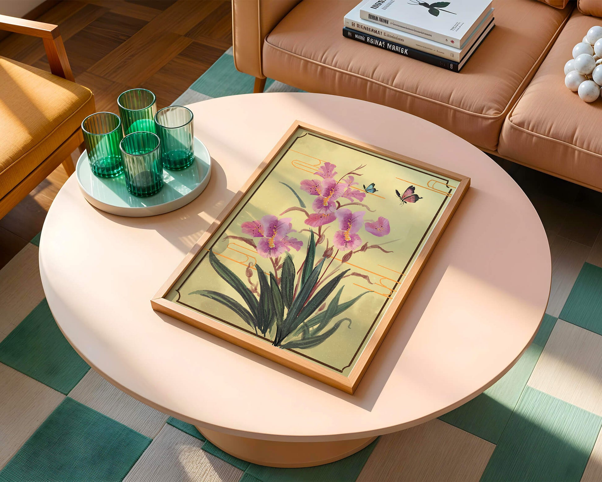 Elegant Floral Composition with Butterflies and Ornamental Background