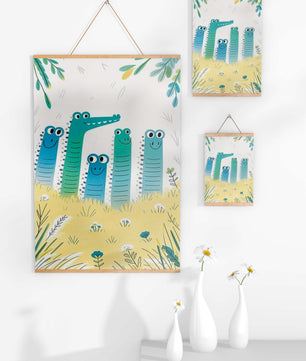 Illustration of Happy Cartoon Crocodiles in a Colorful Meadow - Mi tienda