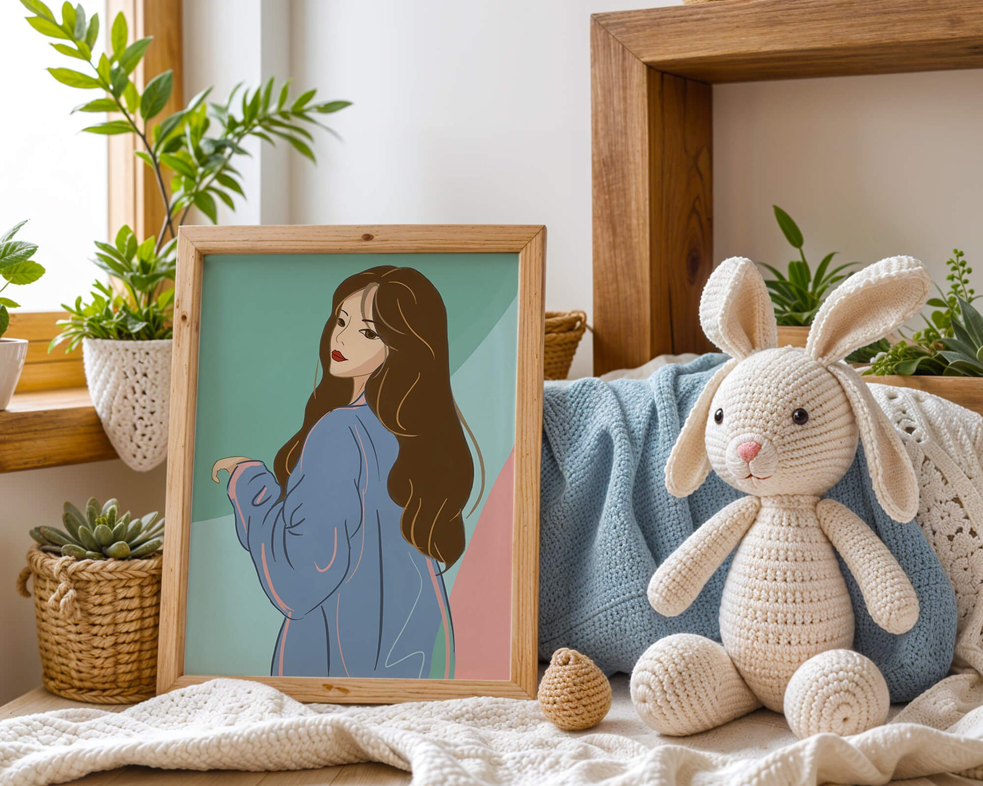 Stylish woman illustration with long hair in pastel shades