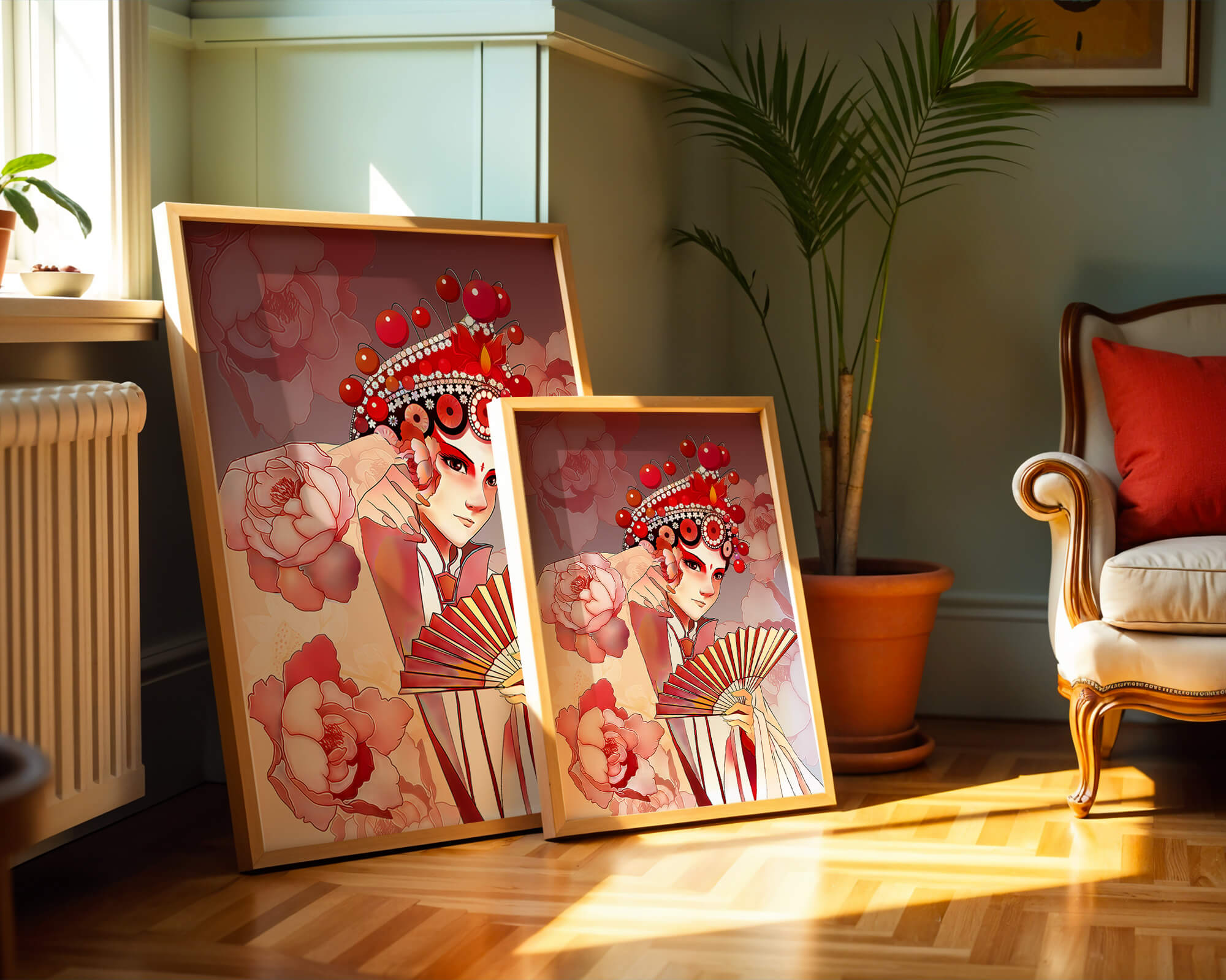 Traditional Asian artwork with floral motifs and ornate headpiece