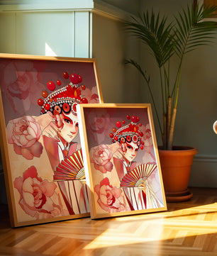 Traditional Asian artwork with floral motifs and ornate headpiece