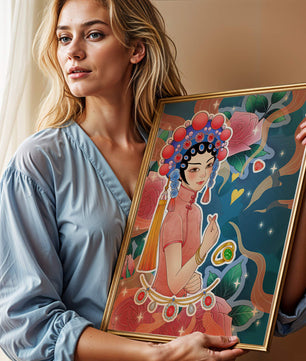 Traditional Asian-inspired illustration with jewelry and floral accents