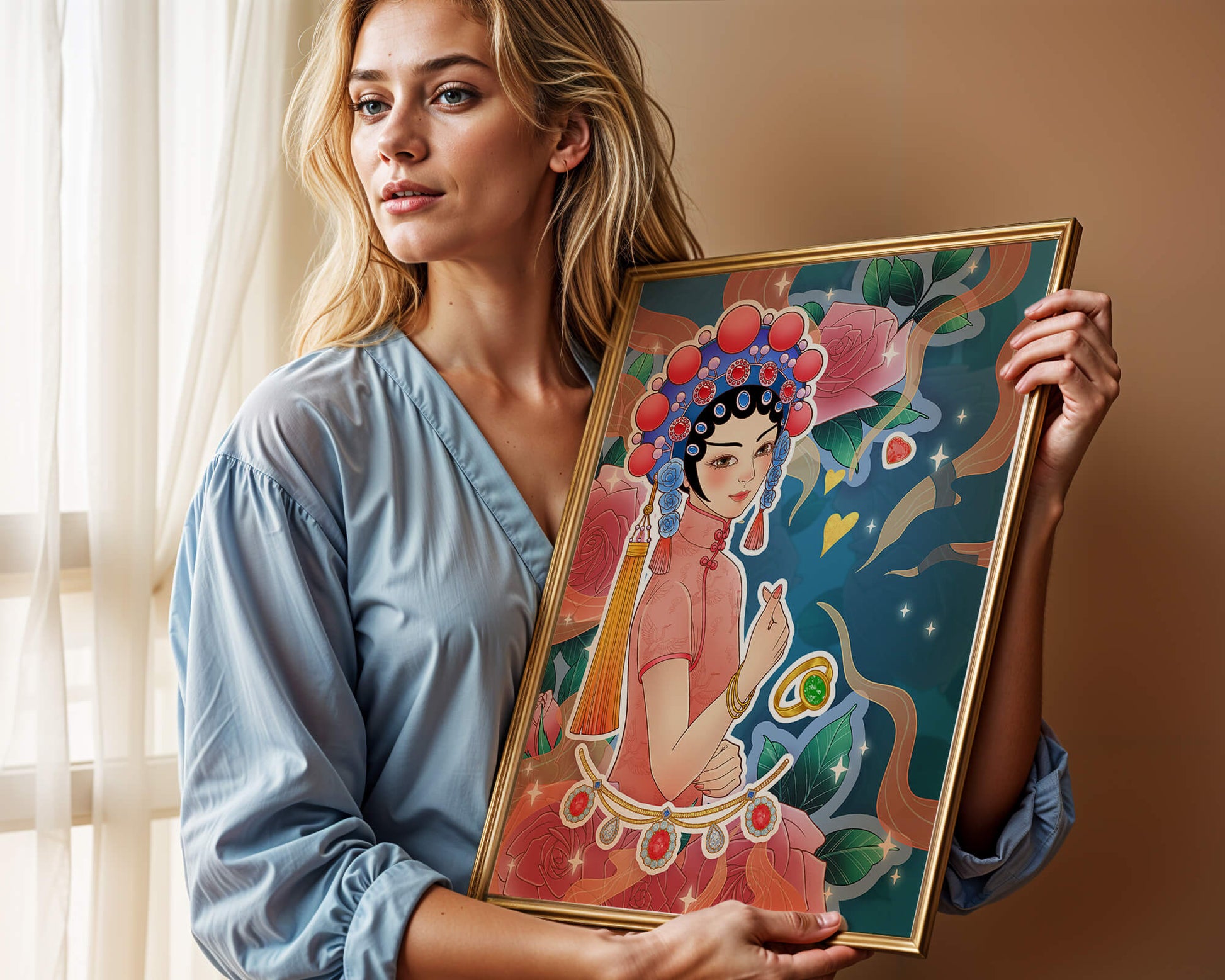 Traditional Asian-inspired illustration with jewelry and floral accents