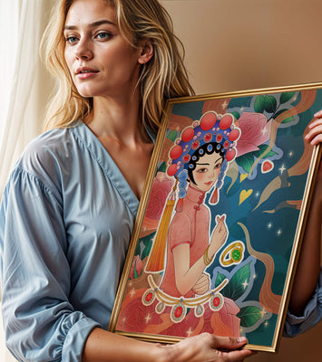 Traditional Asian-inspired illustration with jewelry and floral accents