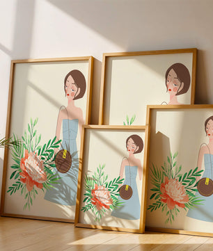 Ilustración de una mujer en vestido azul con diseño floral
