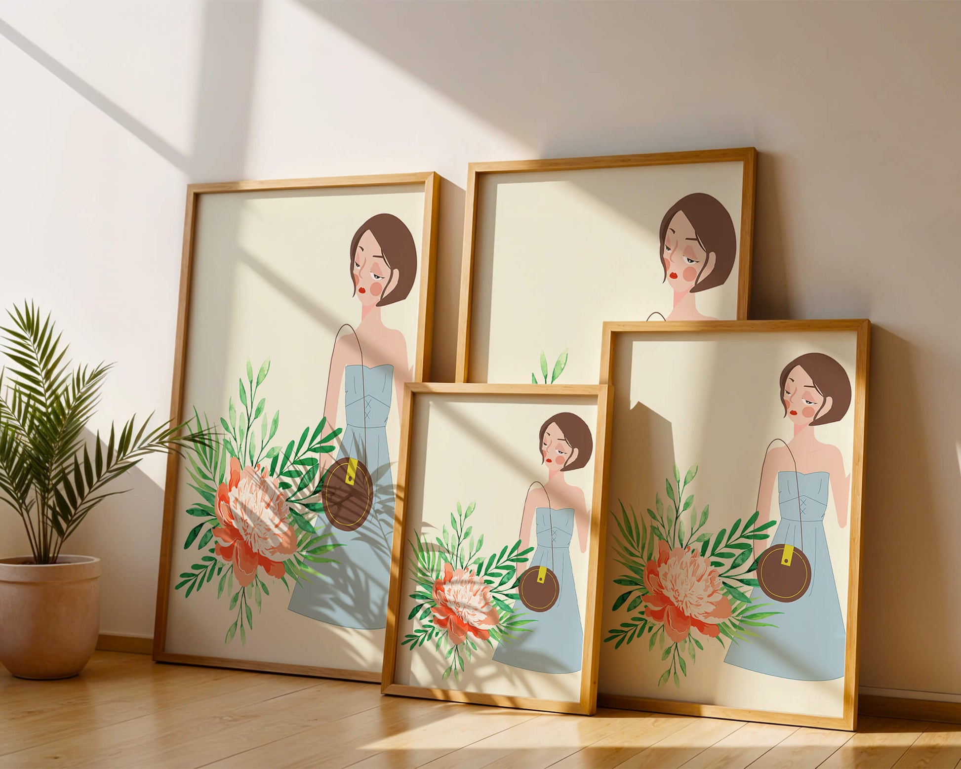 Ilustración de una mujer en vestido azul con diseño floral