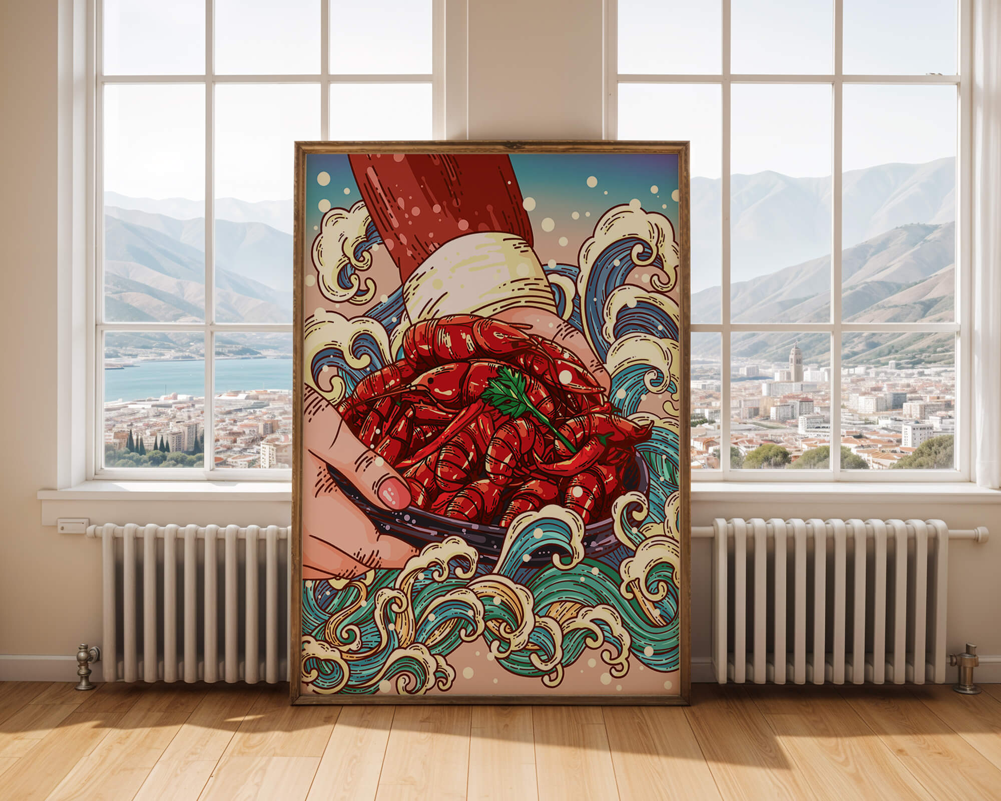 Colorful Cartoon Illustration of Hand Holding Crawfish Over Decorative Waves