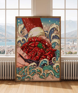 Colorful Cartoon Illustration of Hand Holding Crawfish Over Decorative Waves