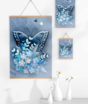 Elegant butterfly with blue floral arrangement artwork