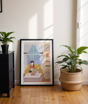 Cozy living room with a girl and a dog on a yellow sofa