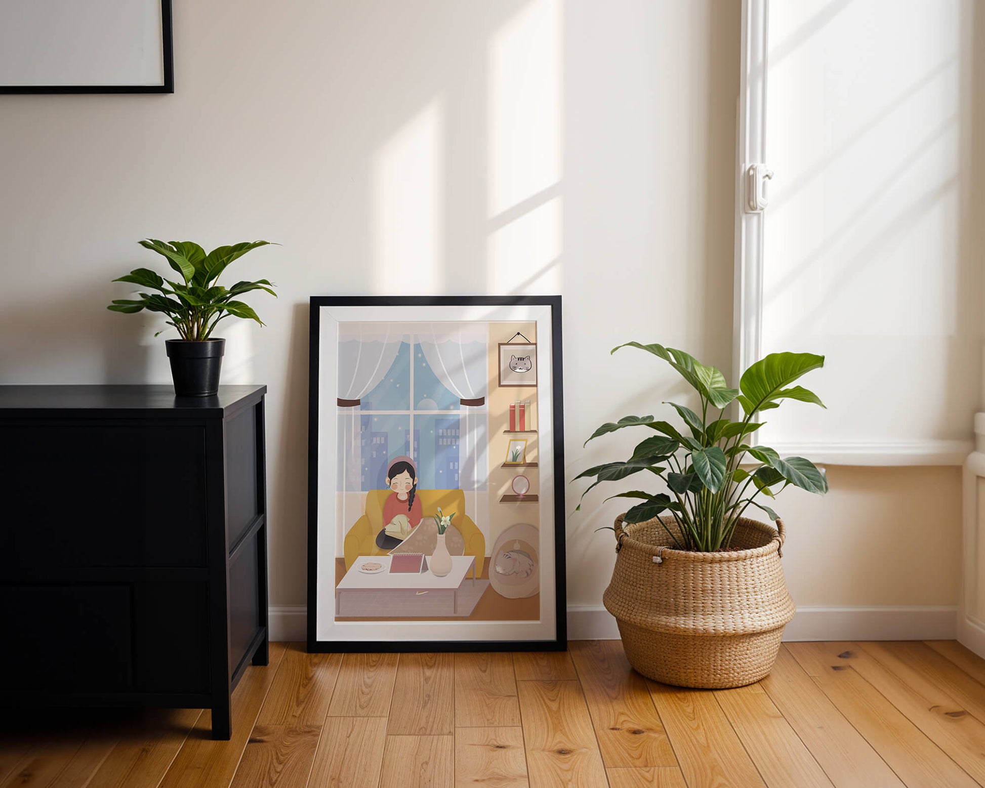 Cozy living room with a girl and a dog on a yellow sofa