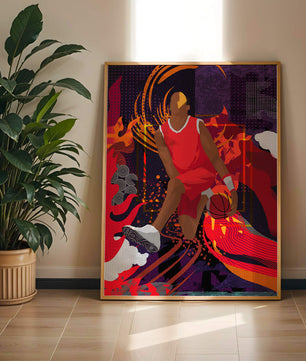 Ilustración dinámica de un jugador de baloncesto en movimiento con patrones abstractos