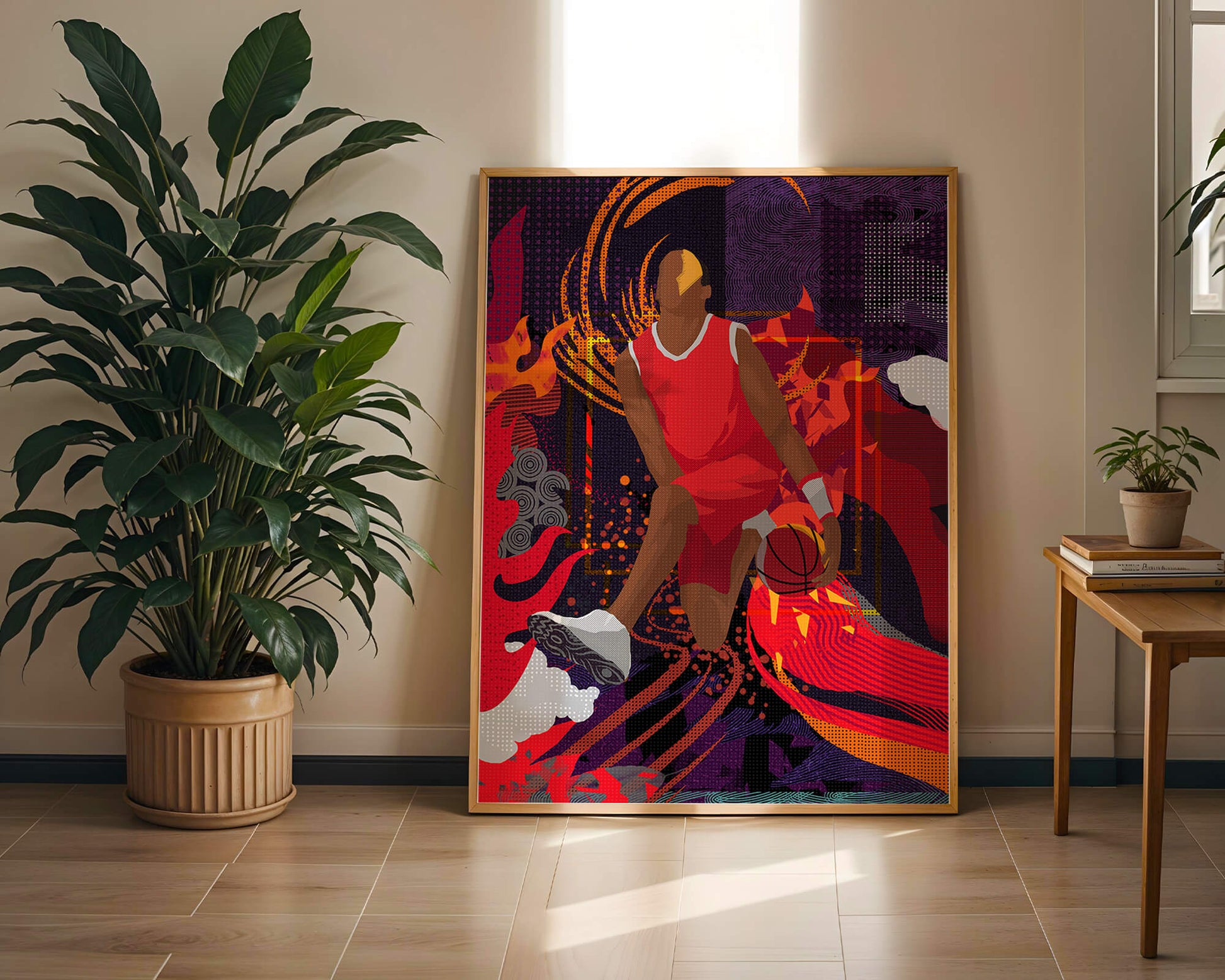 Dynamic illustration of a basketball player in motion with abstract patterns