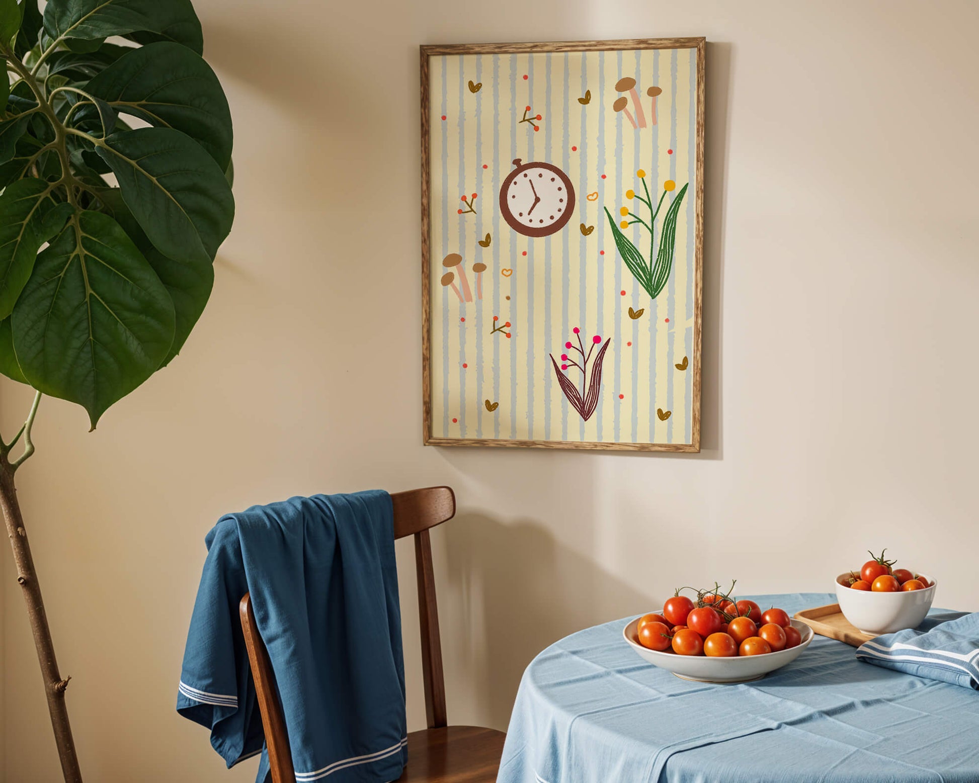 Whimsical pattern with clock, mushrooms, and florals on striped background