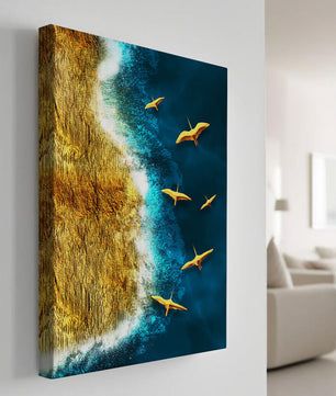Golden beach landscape with vibrant ocean and flying seabirds