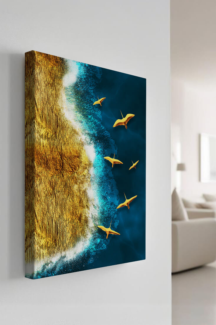 Golden beach landscape with vibrant ocean and flying seabirds