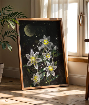 Floral Night Scene with Luminous Flowers and Golden Moon