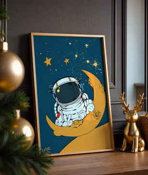Charming Astronaut Sitting on a Crescent Moon with Stars in Space - Mi tienda