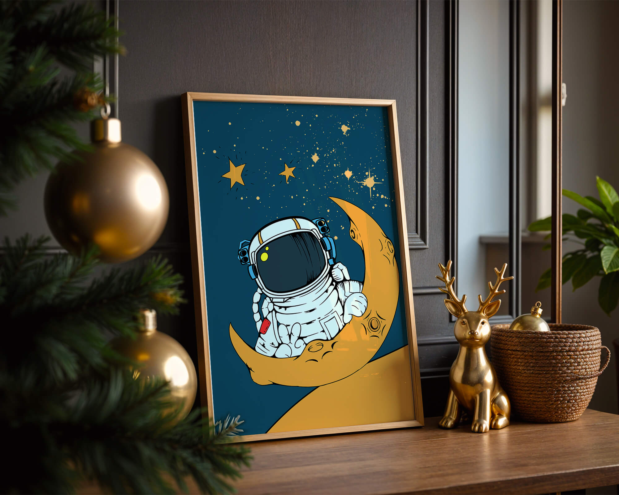 Charming Astronaut Sitting on a Crescent Moon with Stars in Space - Mi tienda