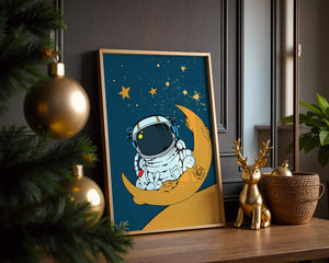 Charming Astronaut Sitting on a Crescent Moon with Stars in Space - Mi tienda