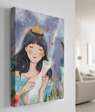 Retrato encantador de una chica con corona en un jardín mágico