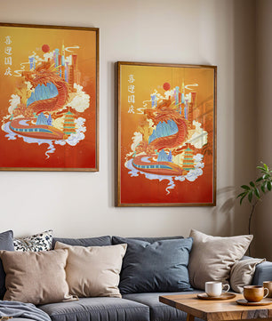 Illustration d’un dragon coloré et d’une ville avec des pagodes et des montagnes