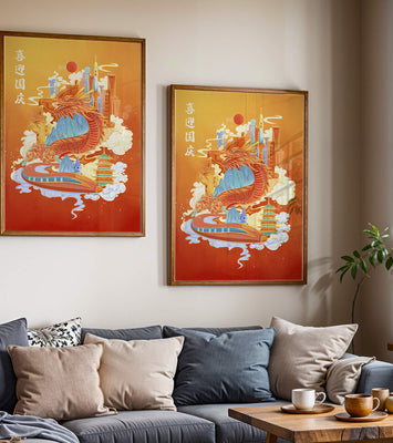 Colorful dragon and cityscape illustration with pagodas and mountains