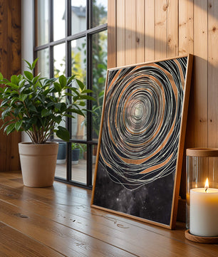 Espiral cósmica abstracta con patrones ovalados concéntricos y fondo estrellado
