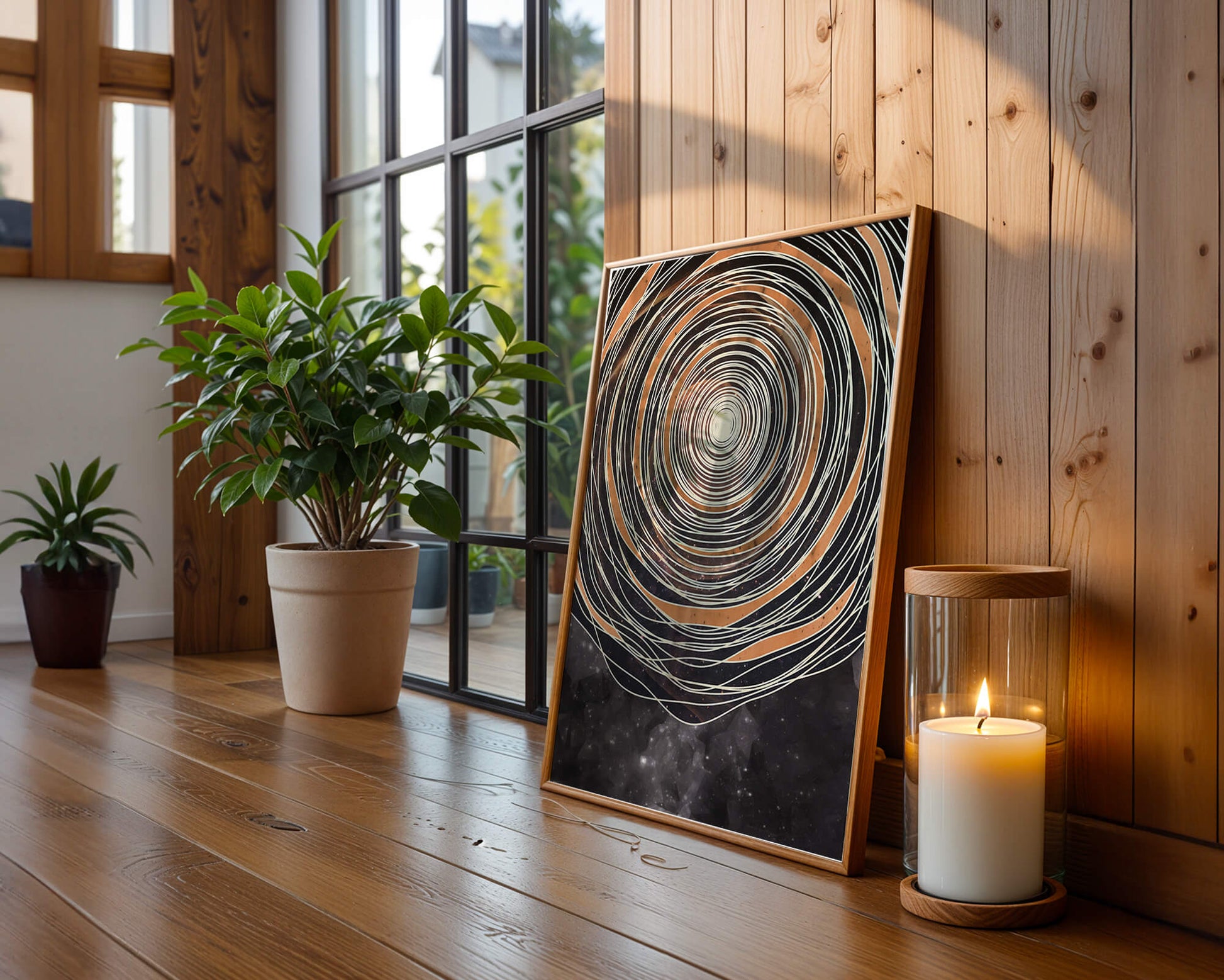 Abstract cosmic spiral with concentric oval patterns and starry background