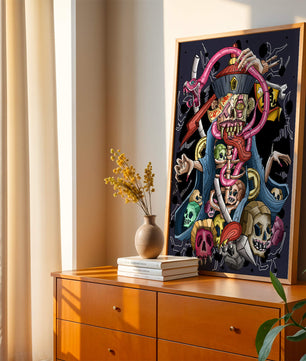 Colorful skeleton with skulls and snake illustration