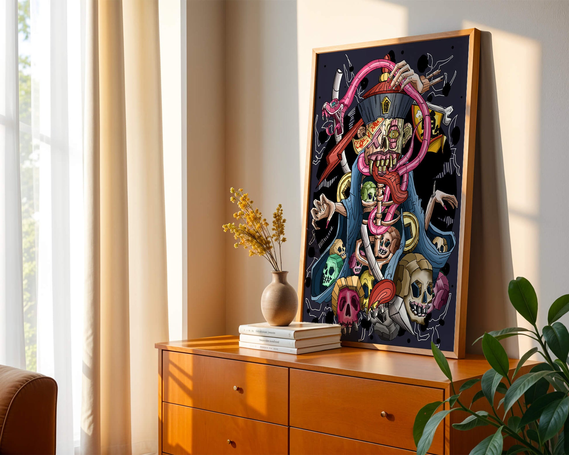 Colorful skeleton with skulls and snake illustration